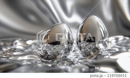 Metallic eggs on liquid silver surface reflecting elegance and modernity Metallic eggs on liquid silver surface reflecting elegance and modernity 119708031