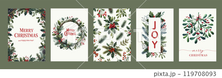 Watercolor Holiday Greeting cards with Spruce Branch, Poinsettia, Berries. Traditional Christmas and New Year Posters. 119708093