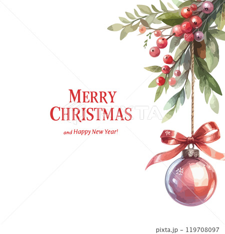 Merry Christmas festive card template with watercolor Christmas tree ball, poinsettia, fir tree, cone, branch, red, berry. 119708097