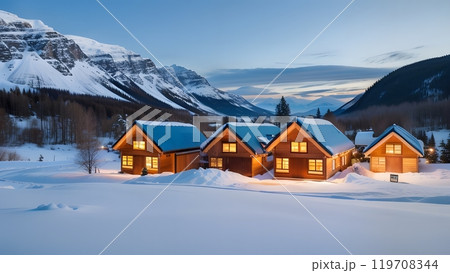 雄大な山々に囲まれた雪の谷間に、木造のキャビンが並んで建っている。キャビンの窓からは暖かな光。 119708344