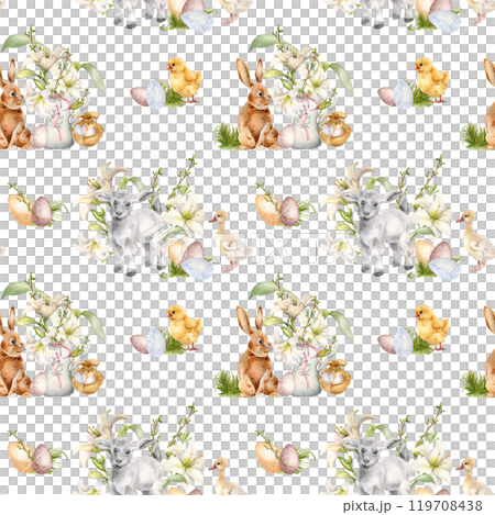 Pets and white flowers seamless pattern isolated on white. Easter Watercolor floral illustration with baby animals. Gentle print with bunny, lamb, chick hand drawn. For design textile, package, paper 119708438