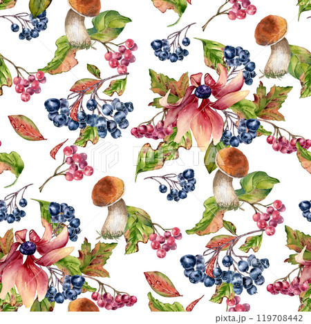 Mushroom with brown orange cap and black chokeberry in watercolor seamless pattern isolated. Woodland repeated background of coneflowers, daisy and wild plants painted. Autumn texture pink flowers. Mushroom with brown orange cap and black chokeberry in watercolor seamless pattern isolated. Woodland repeated background of coneflowers, daisy and wild plants painted. Autumn texture pink flowers. 119708442