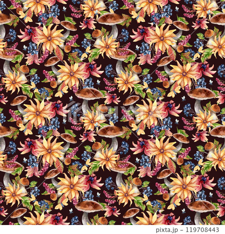 Watercolor colorful autumn seamless pattern with forest bolete, berries, flowers, and butterfly isolated. Floral repeated background of fall leaves, chokeberry rowan hand painted for seasonal design 119708443