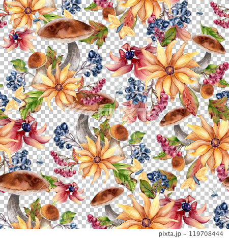Watercolor colorful autumn seamless pattern with forest bolete, berries, flowers, and butterfly isolated. Floral repeated background of fall leaves, chokeberry rowan hand painted for seasonal design 119708444