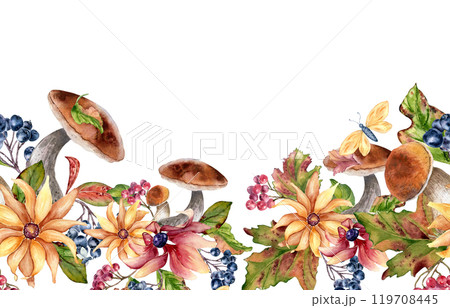 Watercolor colorful autumn seamless border with forest bolete, berries, flowers, and butterfly isolated. Floral repeated texture of fall leaves and chokeberry rowan hand painted for seasonal design. Watercolor colorful autumn seamless border with forest bolete, berries, flowers, and butterfly isolated. Floral repeated texture of fall leaves and chokeberry rowan hand painted for seasonal design. 119708445