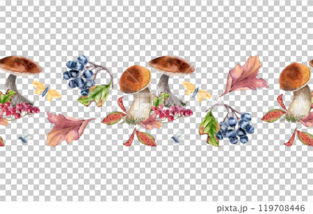 Autumn plants seamless border. Mushrooms and leaves, butterfly in watercolor isolated. Rowan red, viburnum berries, black chokeberry painted. Fall colorful repeated texture with wild forest plants. 119708446