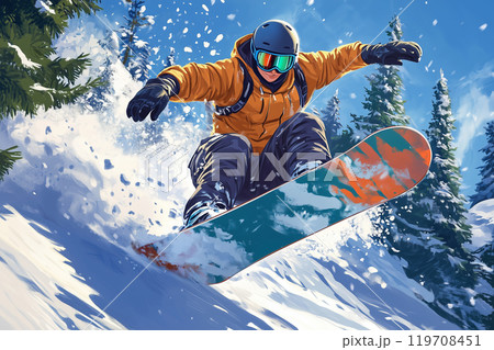スノーボードで挑む冬の雪山!アニメ風アクションイラスト スノーボードで挑む冬の雪山!アニメ風アクションイラスト 119708451