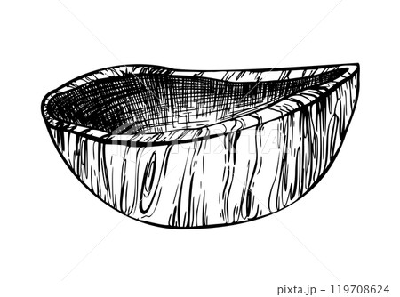Wooden Bowl. Black and white line empty olive wood food kitchen utensil, ecological tableware. Hand drawn vector illustration Clipart for menu, products design Sketch line art Isolated from background 119708624