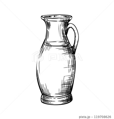 Glass bottle, carafe with olive oil, liquid, water. Drink jar or food vegetable sauce. Black and white vector hand drawn graphic illustration for product label, menu. Isolated line art from background 119708626