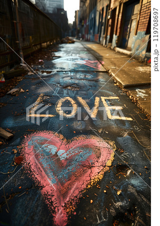 Colorful street art featuring large heart and word love on urban pavement, surrounded by cityscape elements and sunlight casting long shadows 119708697