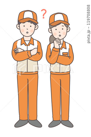 悩んでいるガソリンスタンド店員の全身イラスト 119708808