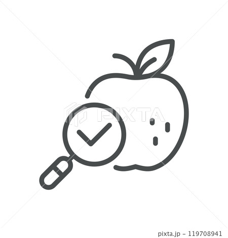 Apple Quality Check Icon. Simple Line Illustration of an Apple with a Magnifying Glass, Representing Organic Food Inspection and Quality Control. Apple Quality Check Icon. Simple Line Illustration of an Apple with a Magnifying Glass, Representing Organic Food Inspection and Quality Control. 119708941