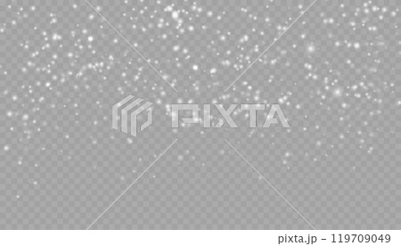 Realistic falling snow with snowflakes and clouds. Vector heavy snowfall, snowflakes in different shapes and forms. Many white cold flake elements on transparent background. 119709049
