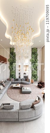 The luxurious living room features an elegant chandelier and lush greenery for a serene space, 3d rendering The luxurious living room features an elegant chandelier and lush greenery for a serene space, 3d rendering 119709095