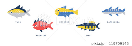 Different Fish Flat Icon with Name Vector Set Different Fish Flat Icon with Name Vector Set 119709146