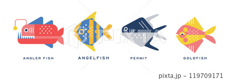 Different Fish Flat Icon with Name Vector Set Different Fish Flat Icon with Name Vector Set 119709171