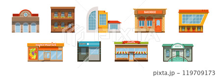 City Street Architecture and Building Front View Vector Set 119709173