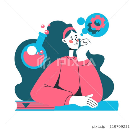 People thinking. Smart student. Thoughtful person. University education. Young clever woman with chemical lab beaker. Chemistry lesson. Pensive girl at classroom desk. Mind gear. Vector school concept 119709231