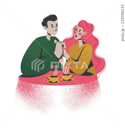 Couple on date. Happy man and woman in cafe drinking coffee. Romantic meeting indoor. Valentine date. Boyfriend and girlfriend together in restaurant. Vector cartoon flat style isolated illustration Couple on date. Happy man and woman in cafe drinking coffee. Romantic meeting indoor. Valentine date. Boyfriend and girlfriend together in restaurant. Vector cartoon flat style isolated illustration 119709233
