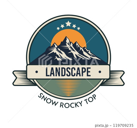 Logo badge mountain. Snow rocky. Hiking traveling nature landscape. Adventure advertising emblem. Vacation on camping. Extreme expedition. Vintage style. Vector cartoon flat isolated illustration 119709235