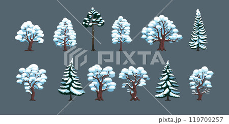 Tree snow. Winter frosty forest, snowy woodland. Ice scene. Wood park with snowflake. Scenery cartoon isolated elements set, design icons landscape. Vector coniferous and deciduous plant illustration 119709257