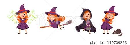 Little Girl Witch Character in Purple Pointed Hat Vector Set 119709258