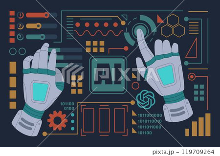 Robot hand background. AI technology. Bot intelligence automation. Futuristic computer innovation banner. Artificial arm gesture on touch screen robotic program. Control dashboard. Vector tidy design Robot hand background. AI technology. Bot intelligence automation. Futuristic computer innovation banner. Artificial arm gesture on touch screen robotic program. Control dashboard. Vector tidy design 119709264