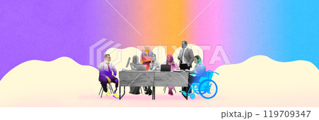 Conceptual design. Team meeting with diverse members, including individuals in wheelchairs, on gradient background. Teamwork, inclusion, and collaboration. Conceptual design. Team meeting with diverse members, including individuals in wheelchairs, on gradient background. Teamwork, inclusion, and collaboration. 119709347