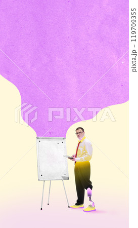 Conceptual design. Man with prosthetic limb presenting at flip chart, with empty vibrant space. Accessibility, leadership, and inclusivity Conceptual design. Man with prosthetic limb presenting at flip chart, with empty vibrant space. Accessibility, leadership, and inclusivity 119709355