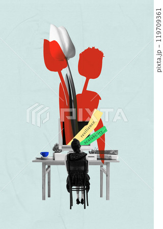Woman sitting at desk with flowers labeled resilience and scalability, symbolizing adaptability and growth potential in business. Contemporary art collage. Woman sitting at desk with flowers labeled resilience and scalability, symbolizing adaptability and growth potential in business. Contemporary art collage. 119709361