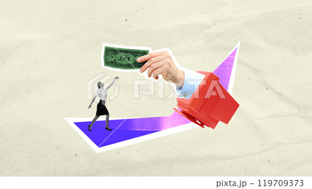 Woman, worker reaching towards dollar bill emerging from vintage computer monitor, representing financial ambitions, pursuit of profits. Contemporary art collage. Woman, worker reaching towards dollar bill emerging from vintage computer monitor, representing financial ambitions, pursuit of profits. Contemporary art collage. 119709373