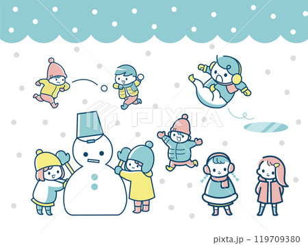 雪だるまと子供たちの冬のイラスト 119709380