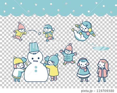Winter illustration with snowman and kids Winter illustration with snowman and kids 119709380