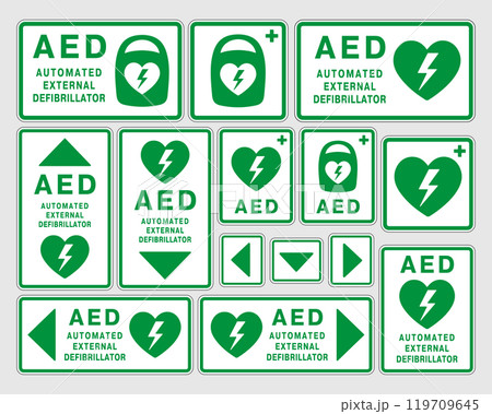 AED emergency defibrillator icon sign symbol. First aid Automated external defibrillator. Vector illustration. Isolated on white background. 119709645