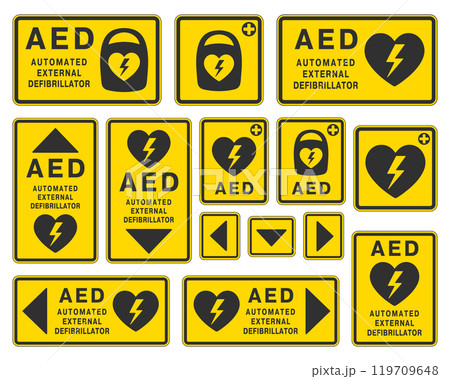 AED emergency defibrillator icon sign symbol. First aid Automated external defibrillator. Vector illustration. Isolated on white background. 119709648