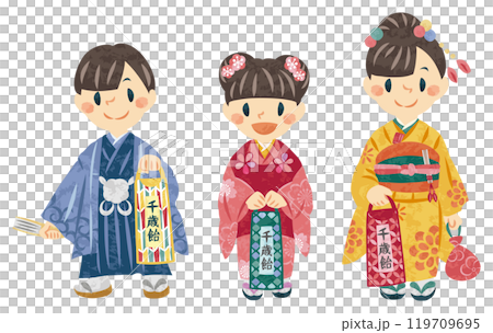 November Shichigosan Boys and girls in kimonos illustration November Shichigosan Boys and girls in kimonos illustration 119709695