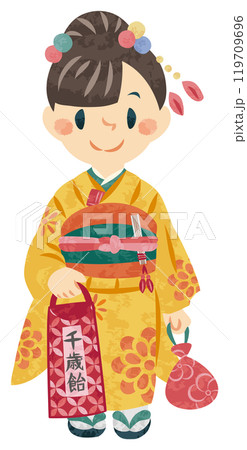 11月　七五三　着物姿の女の子　イラスト 119709696