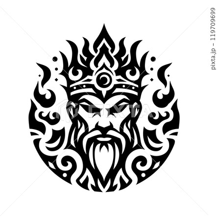 An adult king with a beard in a crown logo drawn in the style of a tribal tattoo. Isolated on white vector illustration. AI-generated 119709699