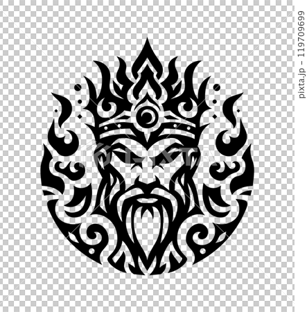 An adult king with a beard in a crown logo drawn in the style of a tribal tattoo. Isolated on white vector illustration. AI-generated 119709699