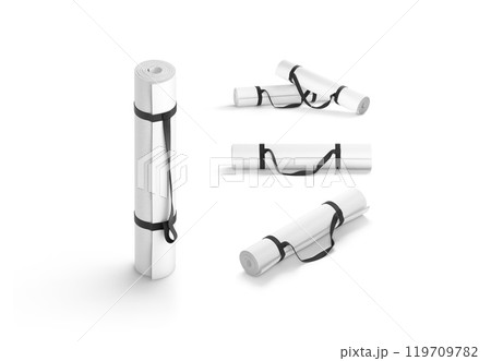 Blank white rolled yoga mat handle strap mockup, different views 119709782