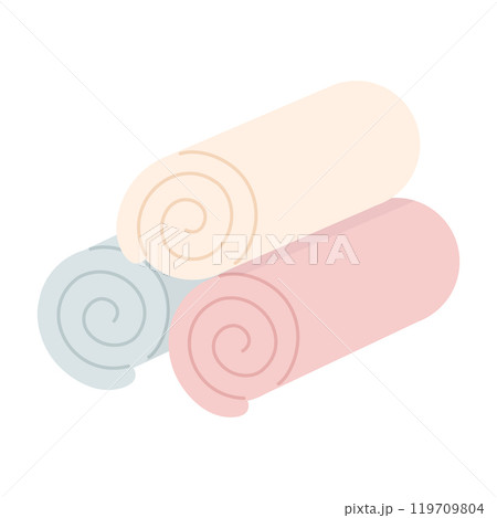 Rolled up pastel colored bath towels cartoon flat illustration. Vector illustration 119709804