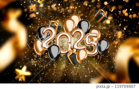 Decorative inflated foil balloon 2025 numbers, christmas font mockup festive background 119709807