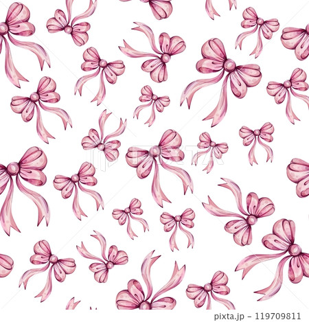 Watercolor seamless pattern - romantic pink bows for girls, princess, decoration. Celebrate and gifts design. For wallpaper, background, fabric, printing Watercolor seamless pattern - romantic pink bows for girls, princess, decoration. Celebrate and gifts design. For wallpaper, background, fabric, printing 119709811
