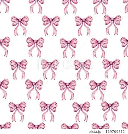 Watercolor seamless pattern - romantic pink bow for girls, princess, decoration. Celebrate and gifts design 119709812