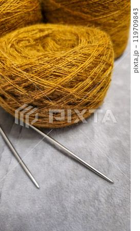 Orange threads for handicrafts. Selecting a color palette for knitting. Autumn 119709843