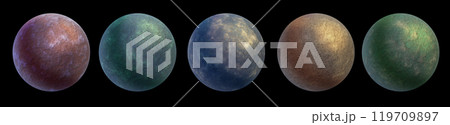 3D planet icon set, sci-fi moon space alien illustration, realistic red, yellow, blue globe render.  119709897