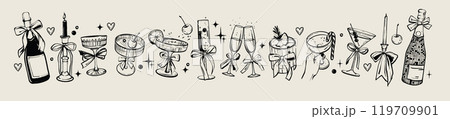 Christmas alcoholic cocktail icon set, vector hand drawn New Year beverage glass kit, wine bottle.  119709901
