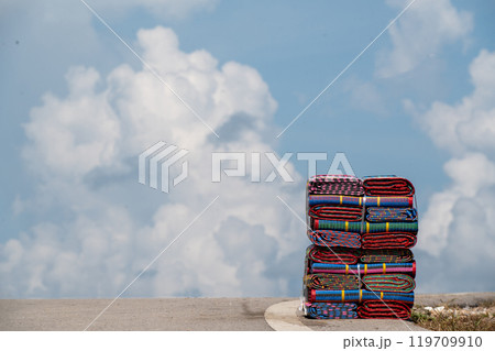 plastic mats are on sky background. plastic mats are on sky background. 119709910
