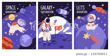 Astronomy posters. Space exploration. Man in spacesuit. Dog explorers. New planets discovered. Galaxy expedition. Astronauts spacewalk. Cosmos adventure. Cosmic shuttle. Garish vector set 119709911