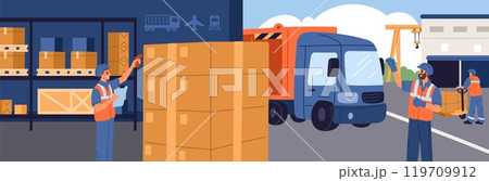 Cargo delivery. Goods loading and distribution process. Logistics hub. Freight transportation. Containers loaders. Technics lifting boxes. Warehouse with shelving. Garish vector concept 119709912